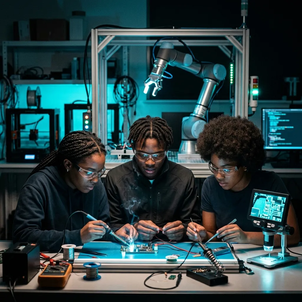Students collaborating in a robotics lab
